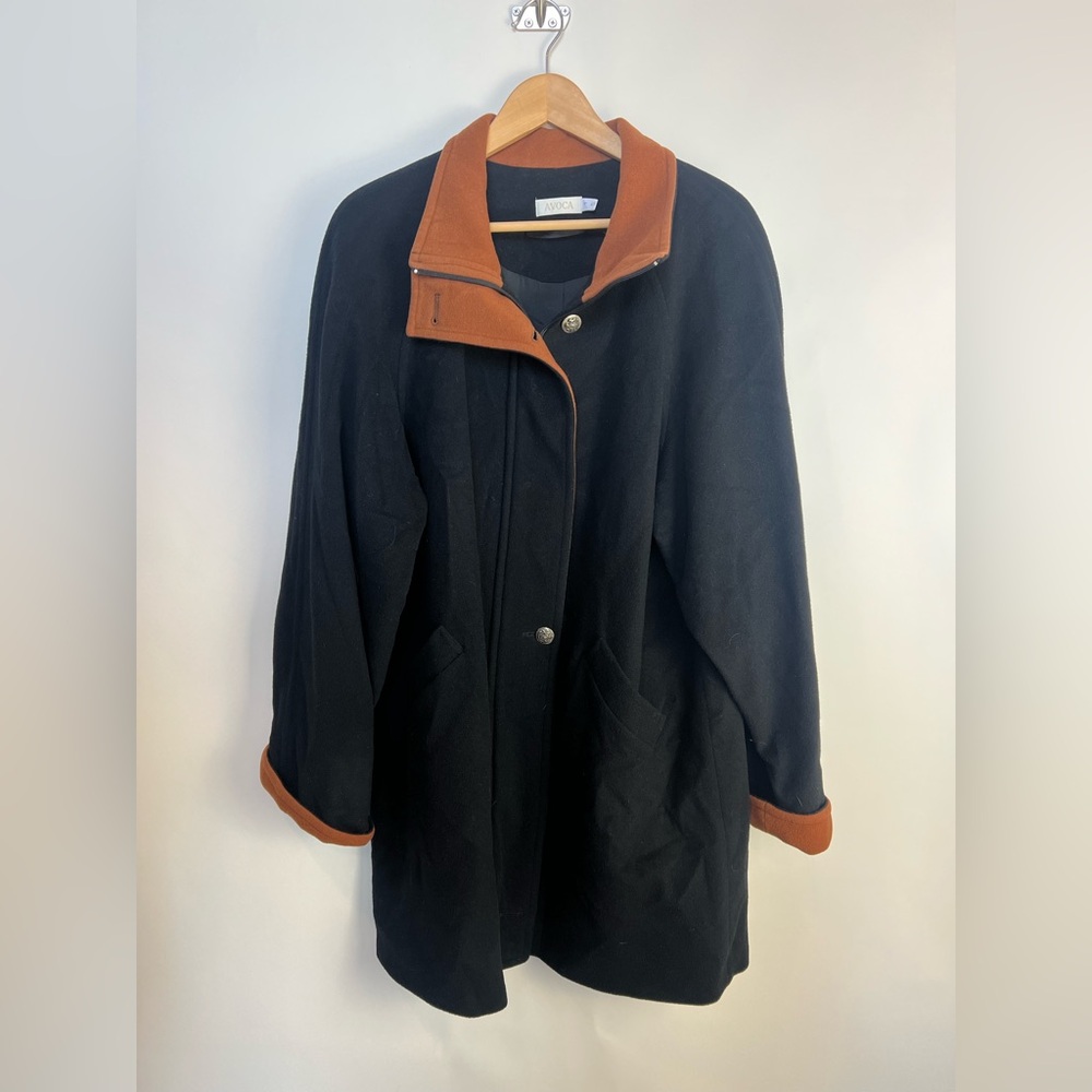 Avoca Wool Cashmere Blend Coat Black with Rust Trim‎ Size L – Made in EEC